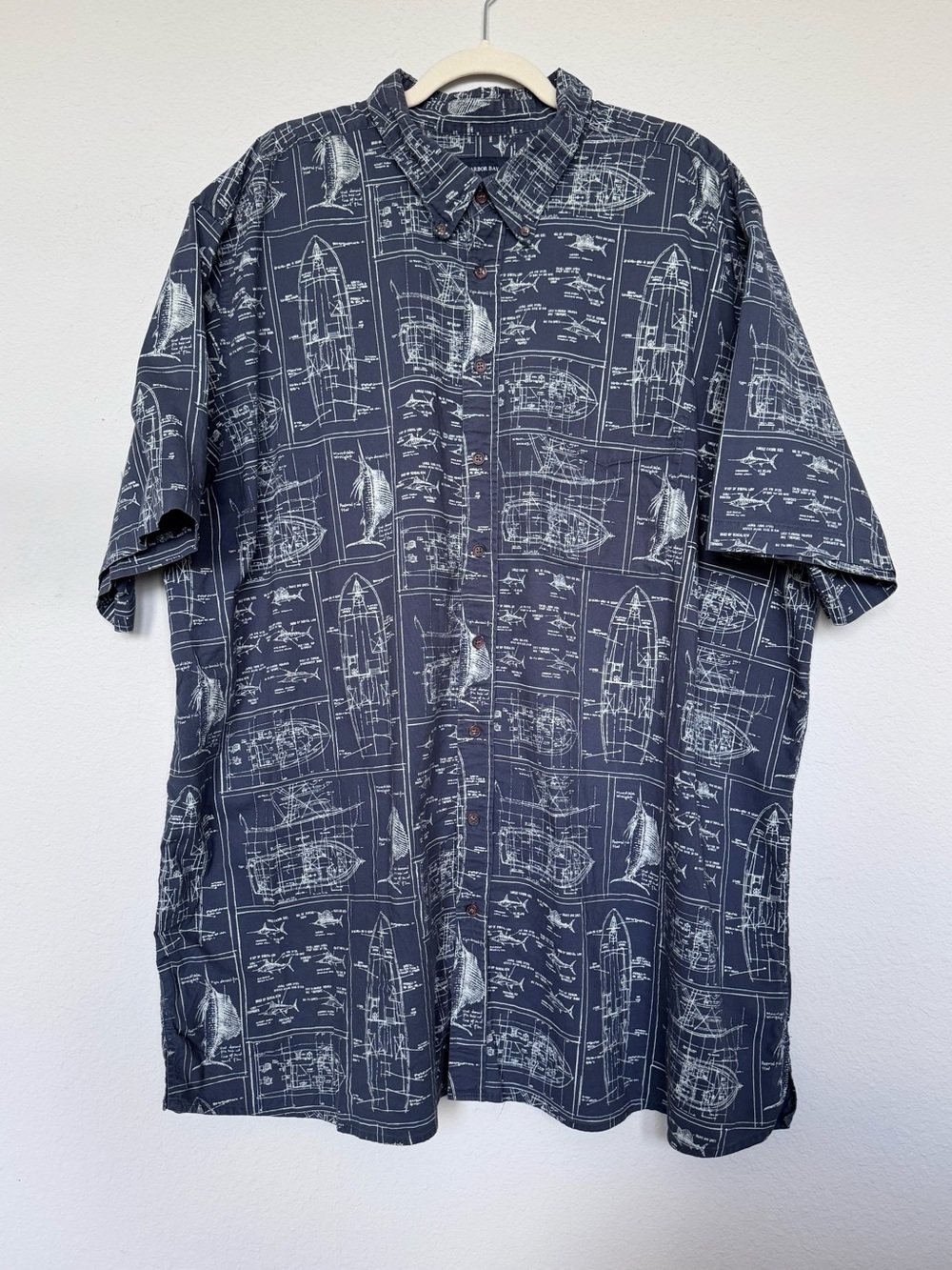 Harbor Bay Mens 3XLT Shirt Blue Nautical Fish Boat Blueprint Short Sleeve